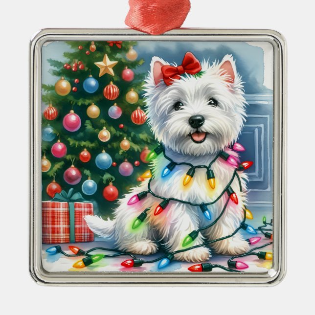 Westie Christmas Lights Holiday Metal Ornament (Front)