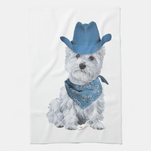 Westie Cowboy in Blue Kitchen Towel