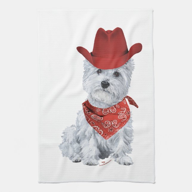 Westie Cowboy in Red Kitchen Towel (Vertical)