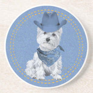 Westie Cowboy on Denim Coaster