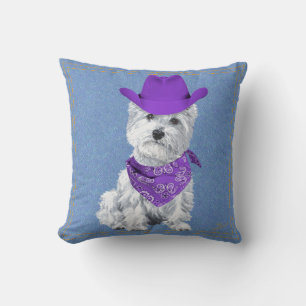Westie Cowboy on Denim Throw Pillow