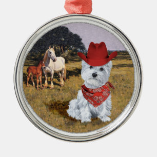 Westie Cowboy with Horses Metal Ornament