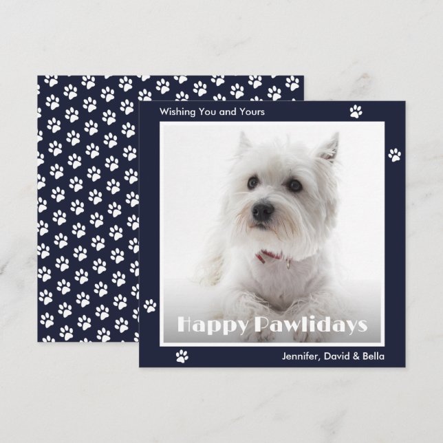 Westie Dog Paw Prints Pet Photo Blue Holiday Card (Front/Back)