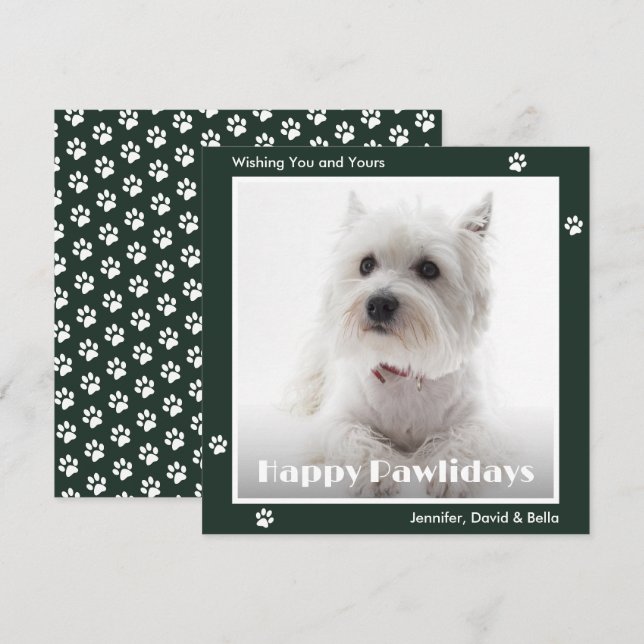 Westie Dog Paw Prints Pet Photo Green Holiday Card (Front/Back)