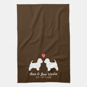 Westie Dog Silhouettes with Heart and Text Kitchen Towel