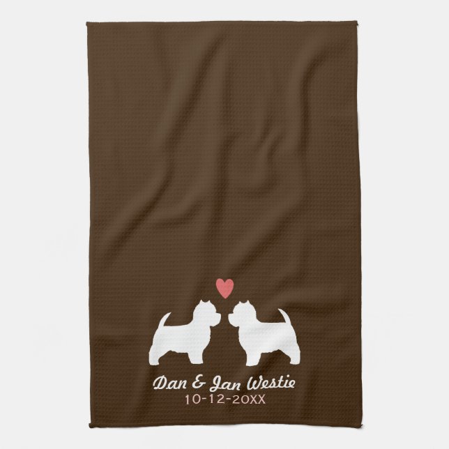 Westie Dog Silhouettes with Heart and Text Kitchen Towel (Vertical)