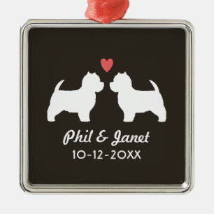 Westie Dog Silhouettes with Heart and Text Metal Ornament