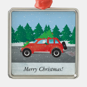 Westie Driving Christmas Car with tree on top Metal Ornament