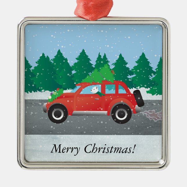 Westie Driving Christmas Car with tree on top Metal Ornament (Front)