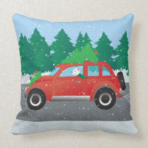 Westie Driving Christmas Car with tree on top Throw Pillow