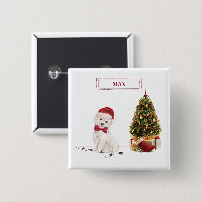 Westie Funny Christmas Dog with Tree 2 Inch Square Button (Front & Back)