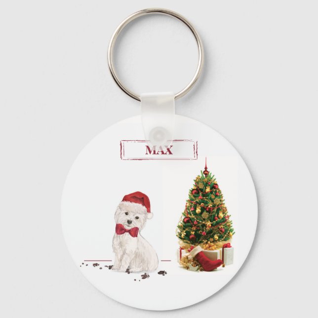 Westie Funny Christmas Dog with Tree Keychain (Front)