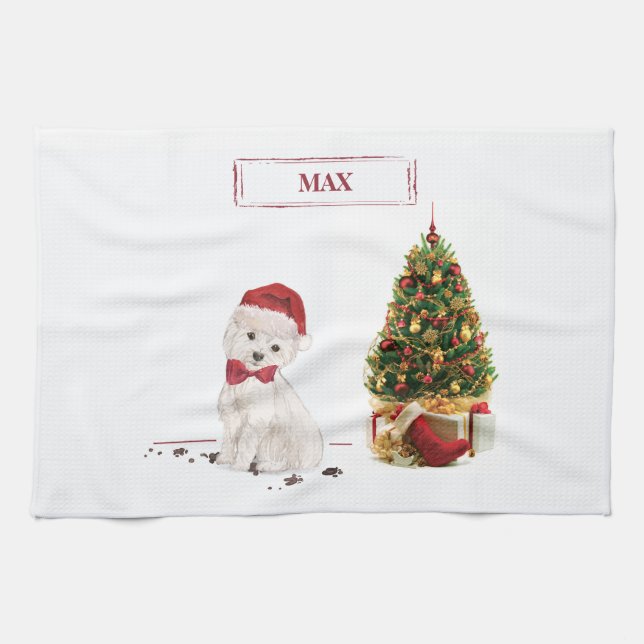 Westie Funny Christmas Dog with Tree Kitchen Towel (Horizontal)