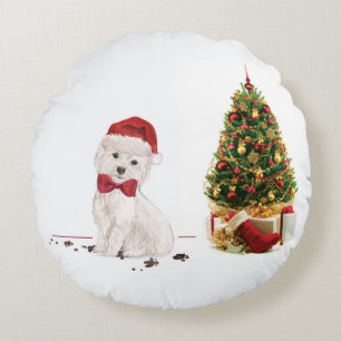 Westie Funny Christmas Dog with Tree Round Pillow