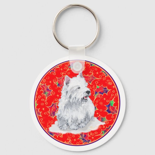 Westie Here Comes Santa Claus Keychain (Front)