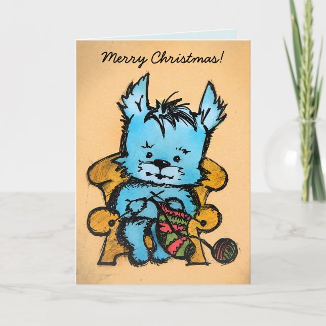 Westie Knitting - Merry Christmas - Hand Drawn Holiday Card (Front)