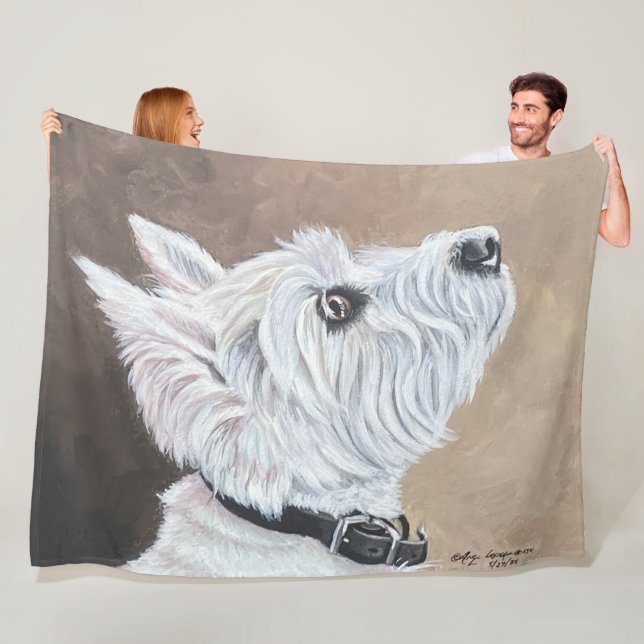 Westie Looking Up Profile B Fleece Blanket (In Situ)