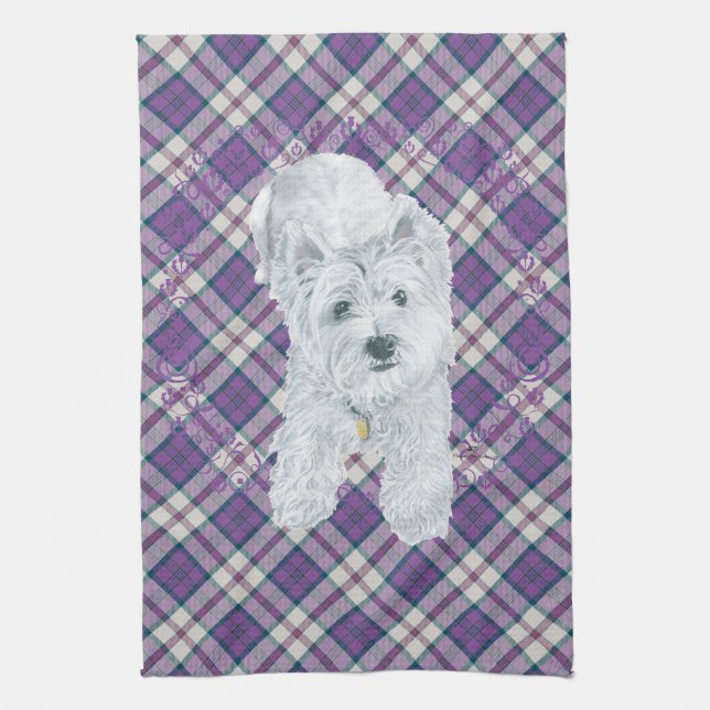 Westie on Tartan Kitchen Towel (Vertical)