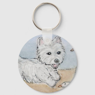 WESTIE PLAYING ON BEACH KEYCHAIN