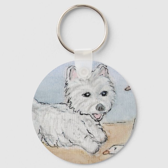 WESTIE PLAYING ON BEACH KEYCHAIN (Front)