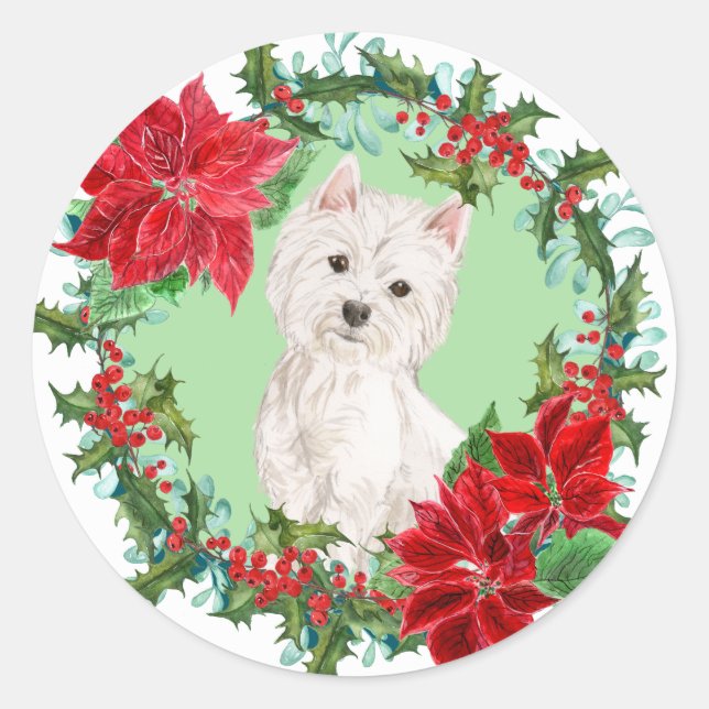 Westie Poinsettia Holly Holiday Wreath Classic Round Sticker (Front)
