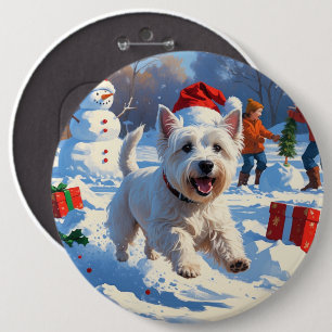 Westie Running in Snow with Christmas Hat 6 Inch Round Button