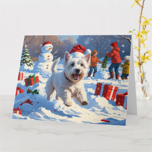 Westie Running in Snow with Christmas Hat Card