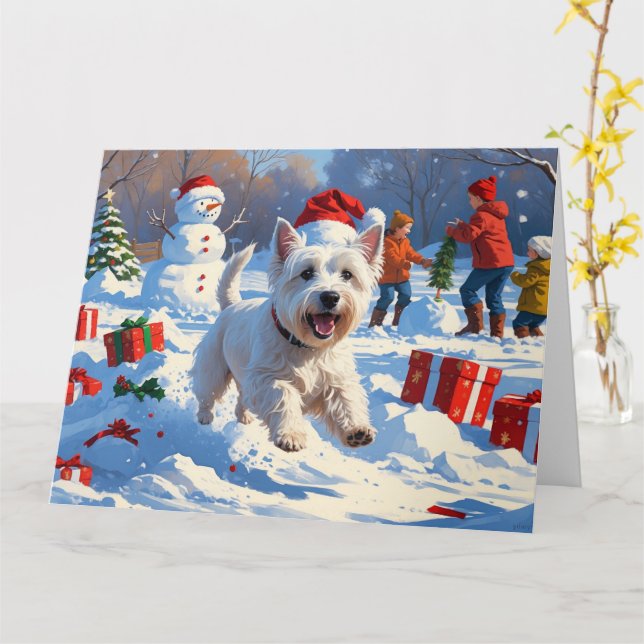 Westie Running in Snow with Christmas Hat Card (Yellow Flower)