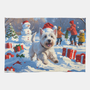 Westie Running in Snow with Christmas Hat Kitchen Towel