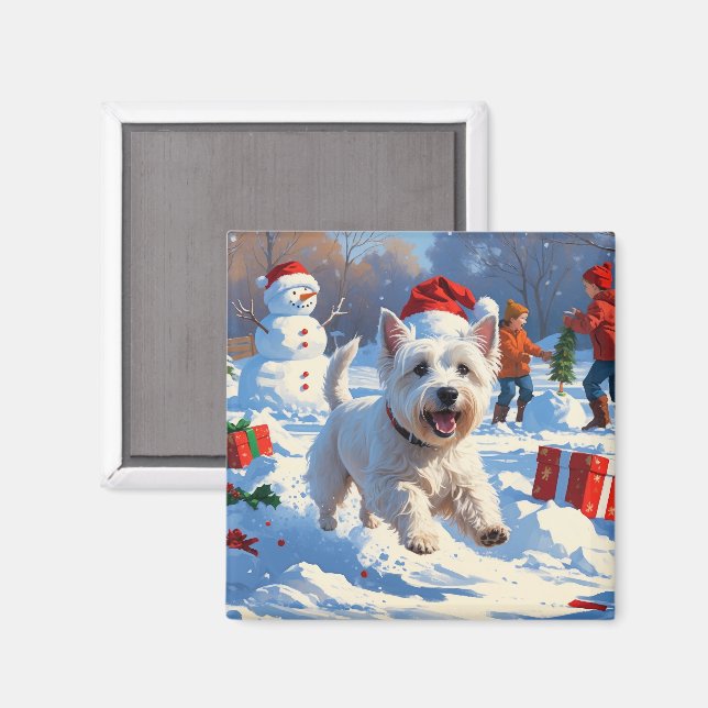 Westie Running in Snow with Christmas Hat Magnet (Front/Back)