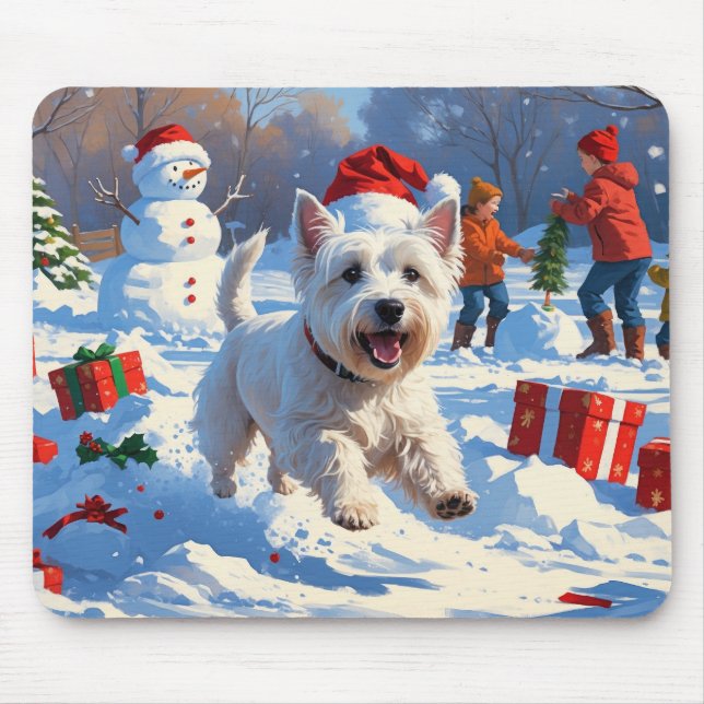 Westie Running in Snow with Christmas Hat Mouse Pad (Front)