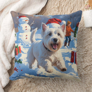 Westie Running in Snow with Christmas Hat Throw Pillow