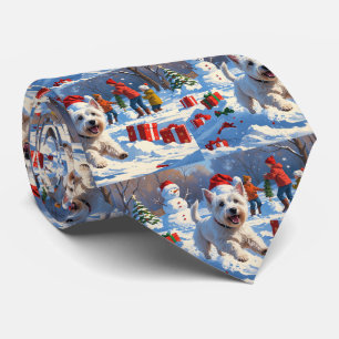 Westie Running in Snow with Christmas Hat Tie