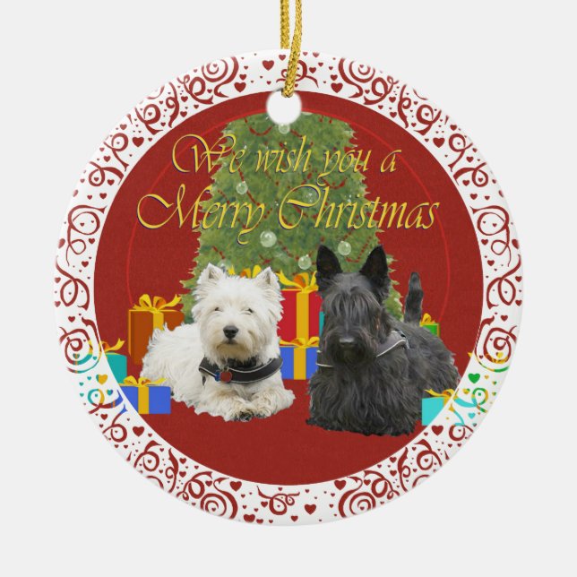 Westie & Scottie Merry Christmas Ceramic Ornament (Front)