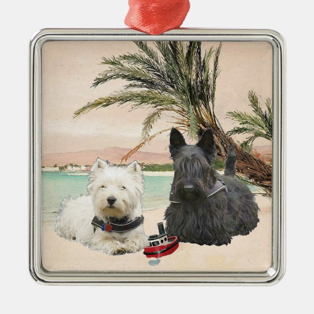 Westie & Scottie on Palmy Beach Metal Ornament (Front)
