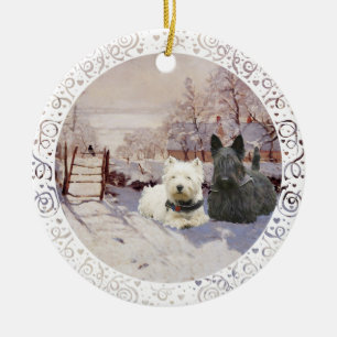 Westie & Scottie Winter Magpie Ceramic Ornament