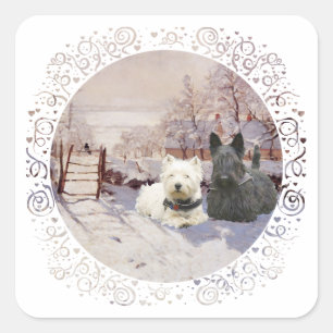 Westie & Scottie Winter Magpie Square Sticker