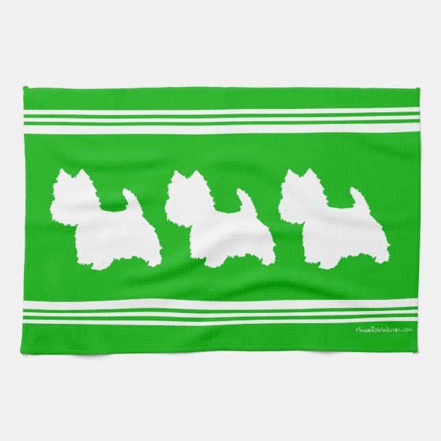 Westie Silhouette on Green Kitchen Towel (Horizontal)