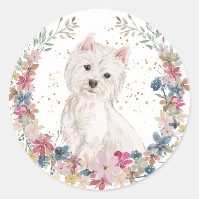 Westie Terrier Spring Flowers Wreath Classic Round Sticker (Front)