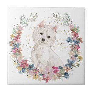 Westie Terrier Spring Flowers Wreath Tile