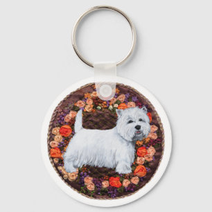 Westie With Autumn Flowers Keychain