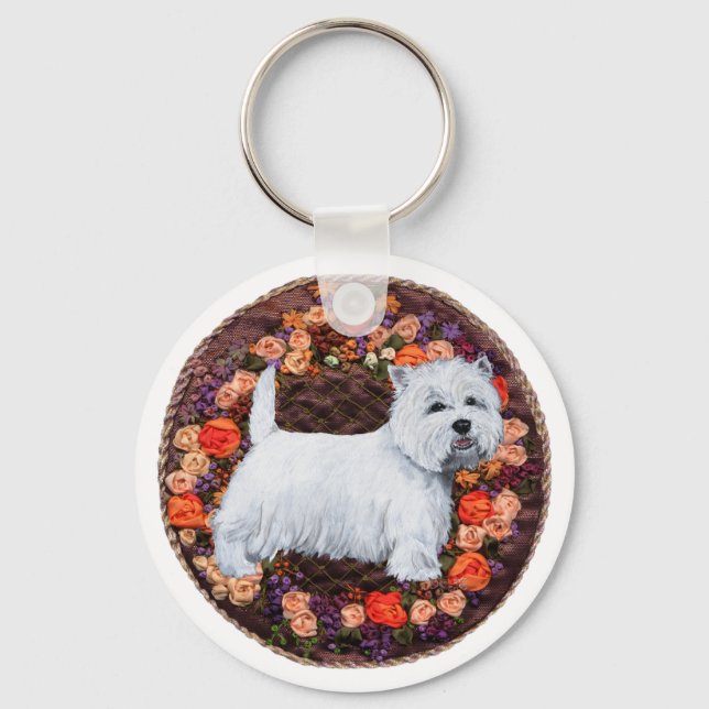 Westie With Autumn Flowers Keychain (Front)