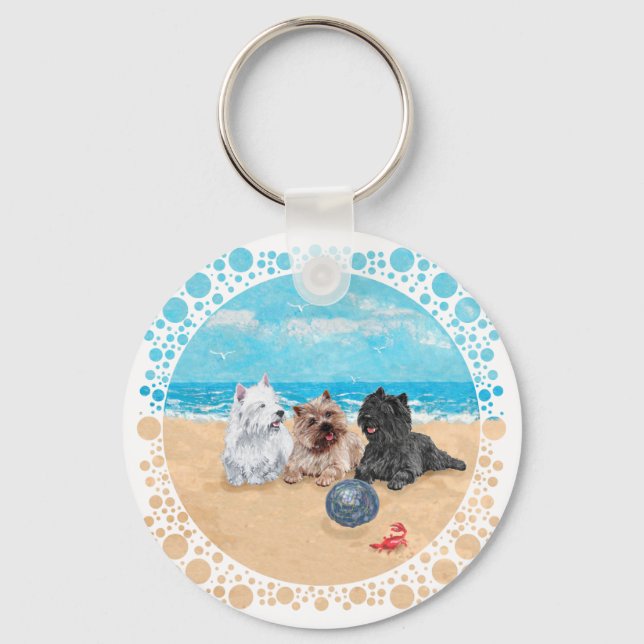 Westie with Cairn Terriers at the Beach Keychain (Front)