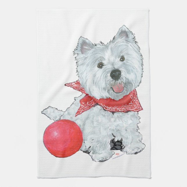 Westie With Red Ball Kitchen Towel (Vertical)
