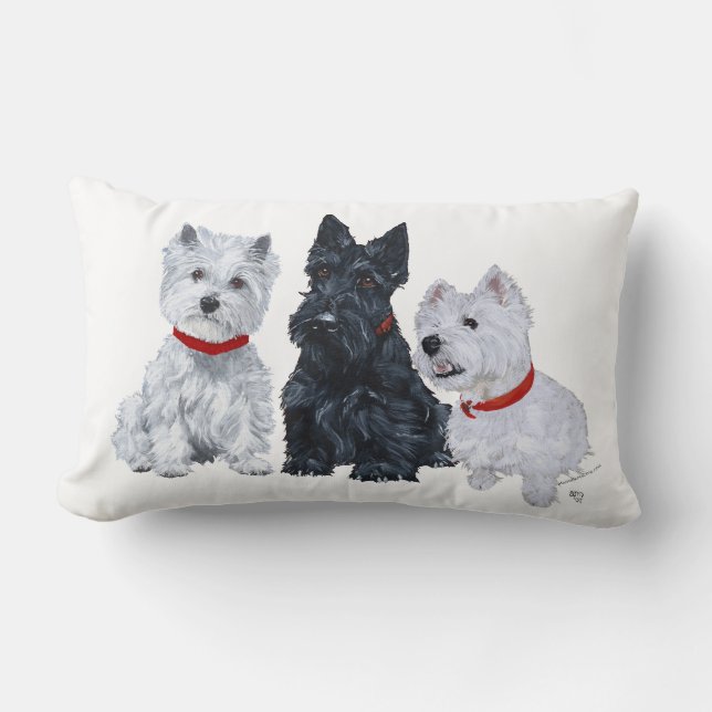 Westies and a Scottie Together Lumbar Pillow (Front)