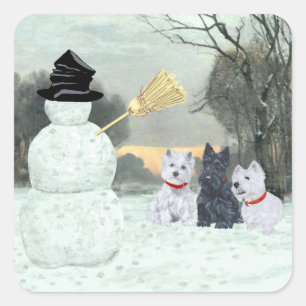 Westies and Scottie with Snowman Square Sticker