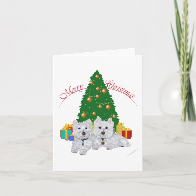 Westies by the Christmas Tree Holiday Card (Front)