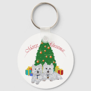 Westies by the Christmas Tree Keychain