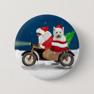 Westie's Festive Ride: Santa Claus on a Motorcycle 2 Inch Round Button