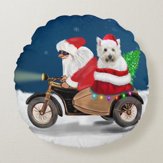 Westie's Festive Ride: Santa Claus on a Motorcycle Round Pillow (Front)